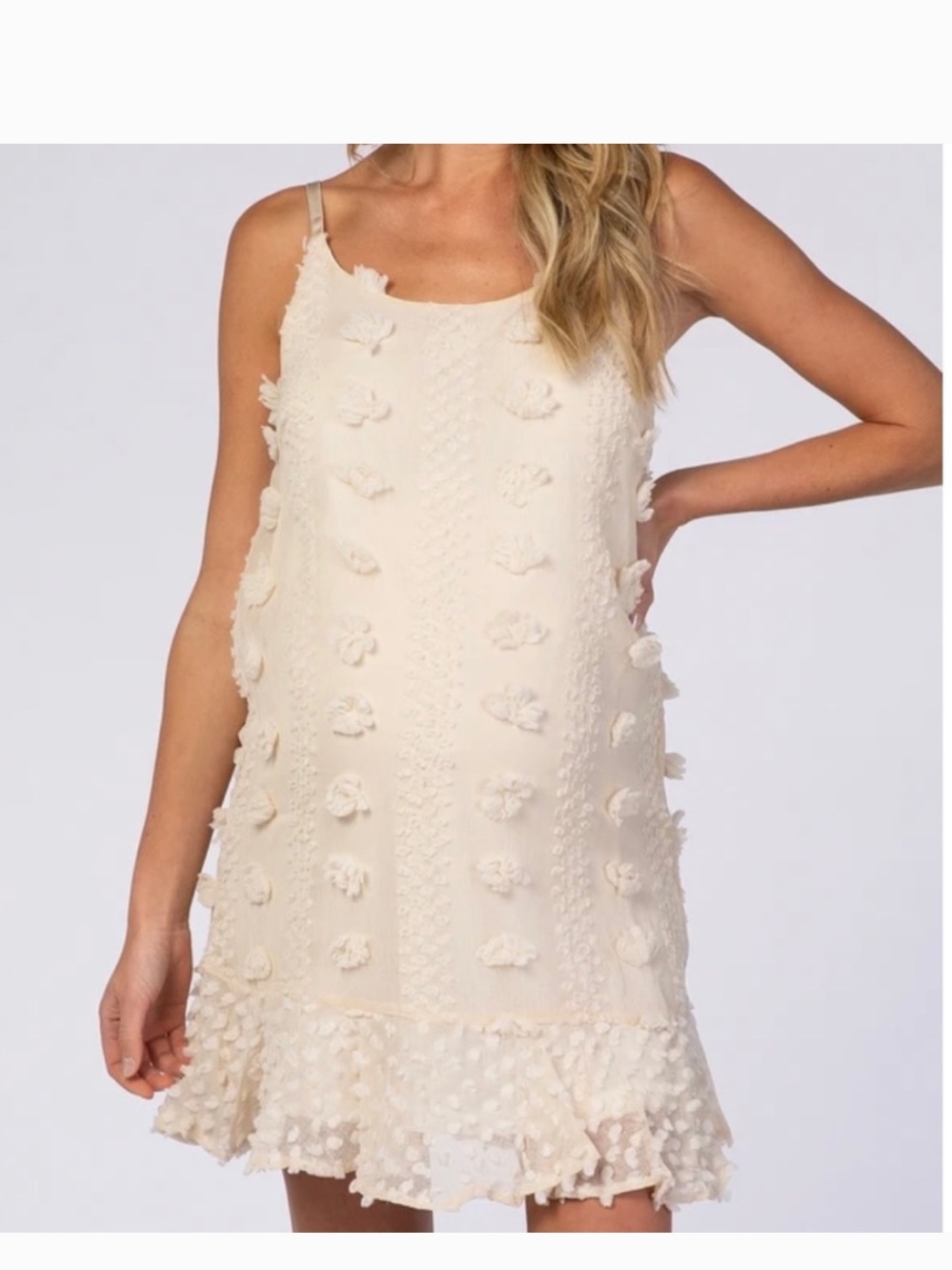 NWT &Merci Crème Floral Applique Flounce Ruffle Hem Maternity Dress Size M